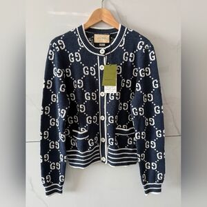Gucci Navy Blue GG Jacquard Knit Cardigan